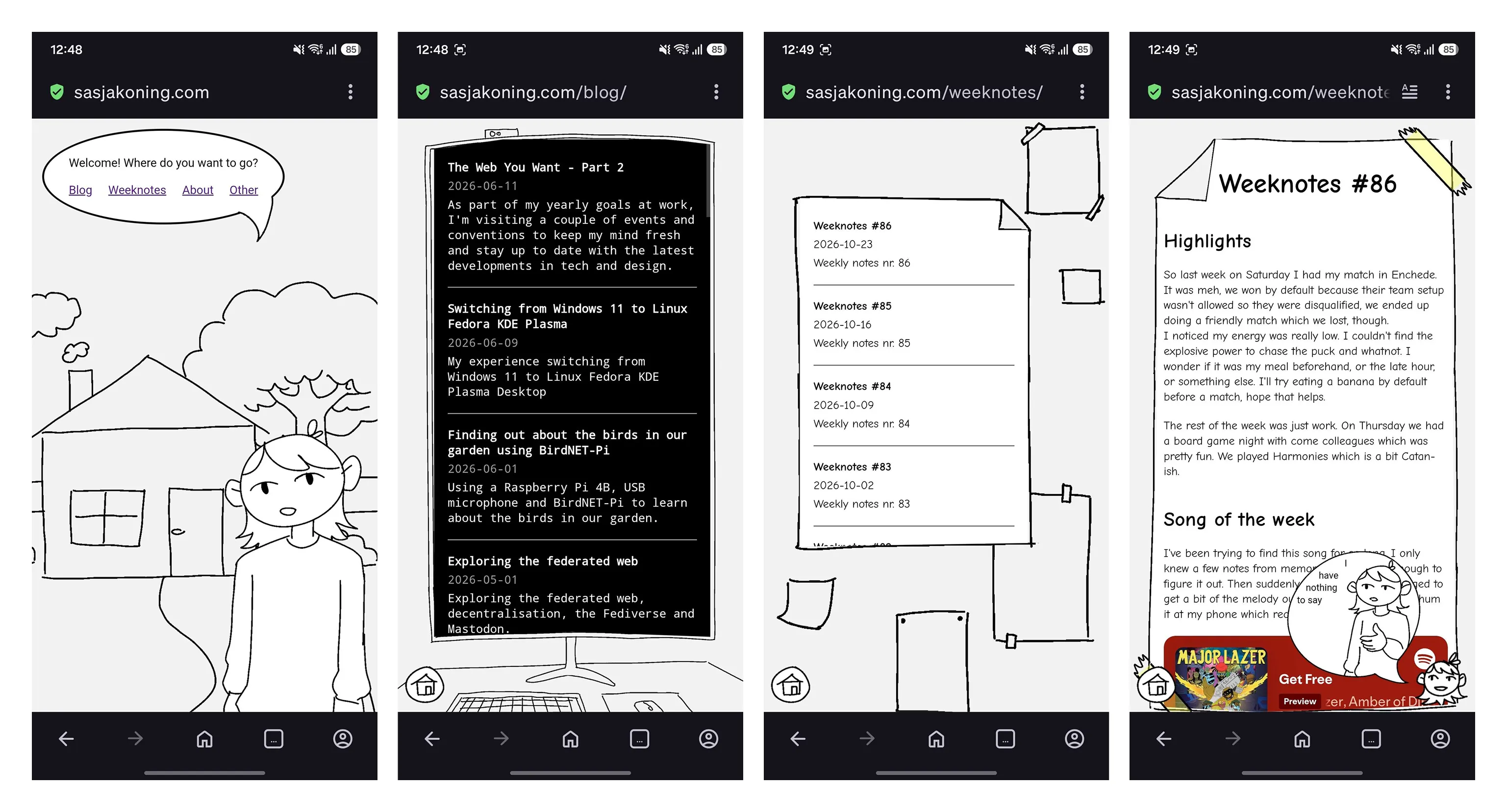 Screenshot of different pages of my new blog on mobile
