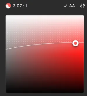 Gradient color picker with a white circle on a red-to-black gradient. The top left shows a ratio of 3.07:1.